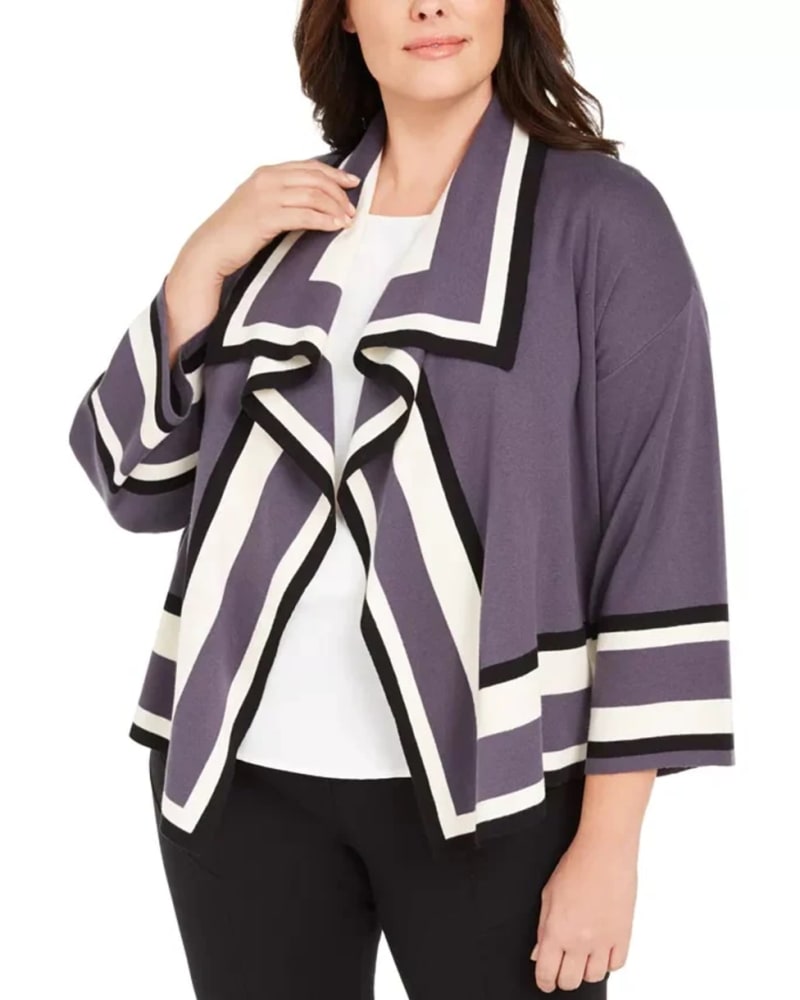 Front of a model wearing a size 0X Anne Klein Women's Plus Size Colorblocked Cardigan Sweater Grey Size 0X in Gray by Anne Klein. | dia_product_style_image_id:314571